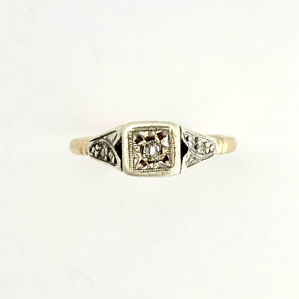 Antique 9CT Gold Square Face Diamond Solitaire Ring • Engagement Ring View VI