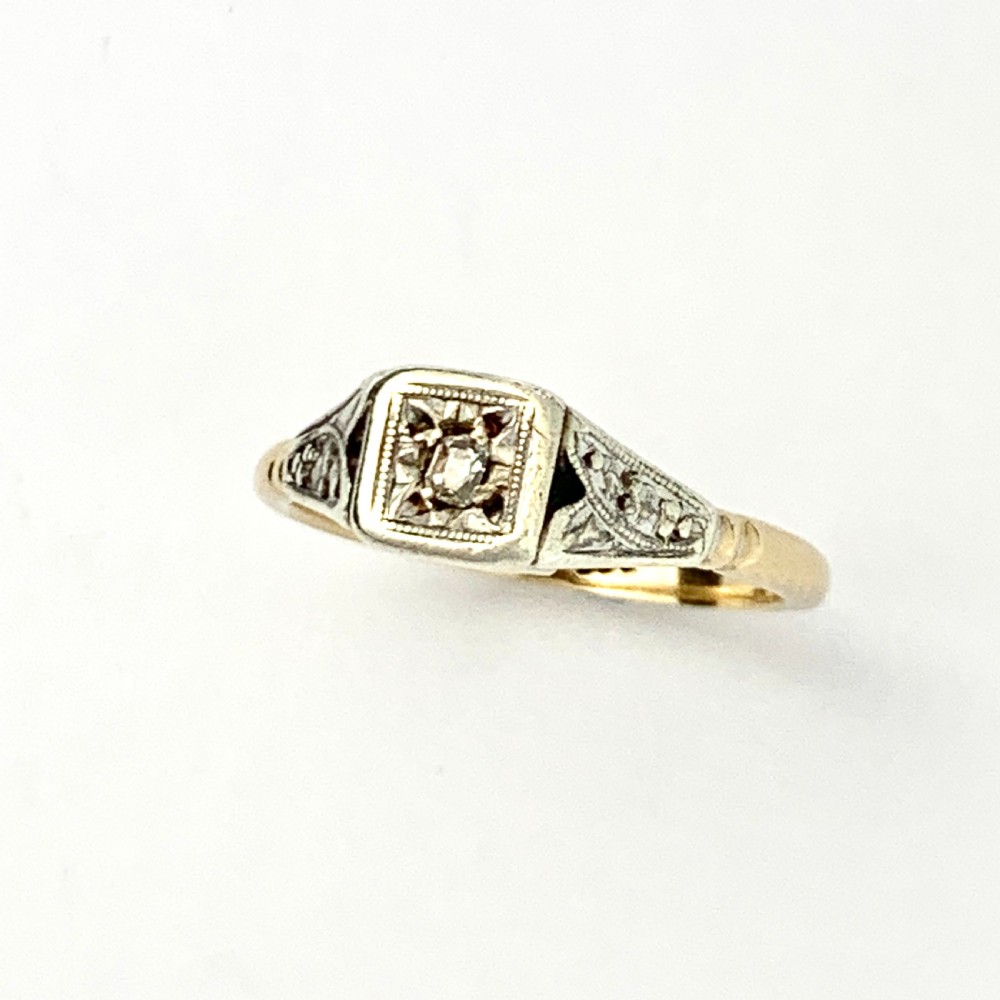 Antique 9CT Gold Square Face Diamond Solitaire Ring • Engagement Ring View VII