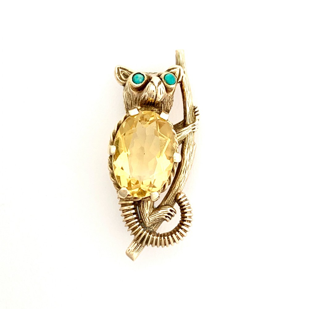 Vintage 9CT Gold Turquoise Citrine Bush Baby Brooch
