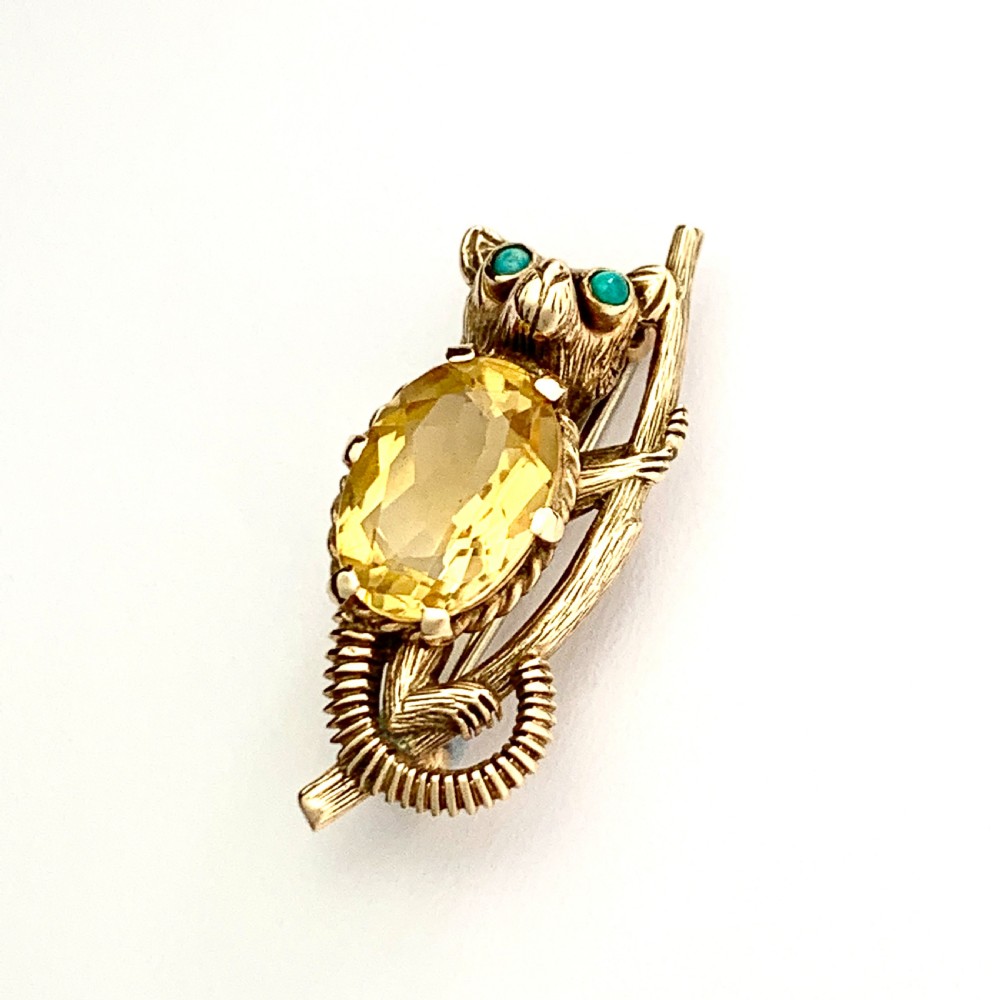 Vintage 9CT Gold Turquoise Citrine Bush Baby Brooch View V