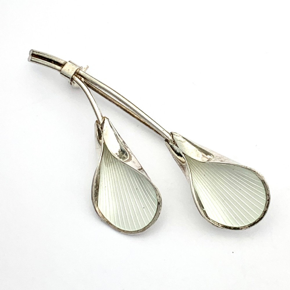 J Tostrup Norway White Enamel Sterling Silver Modernist Lily Flower Brooch