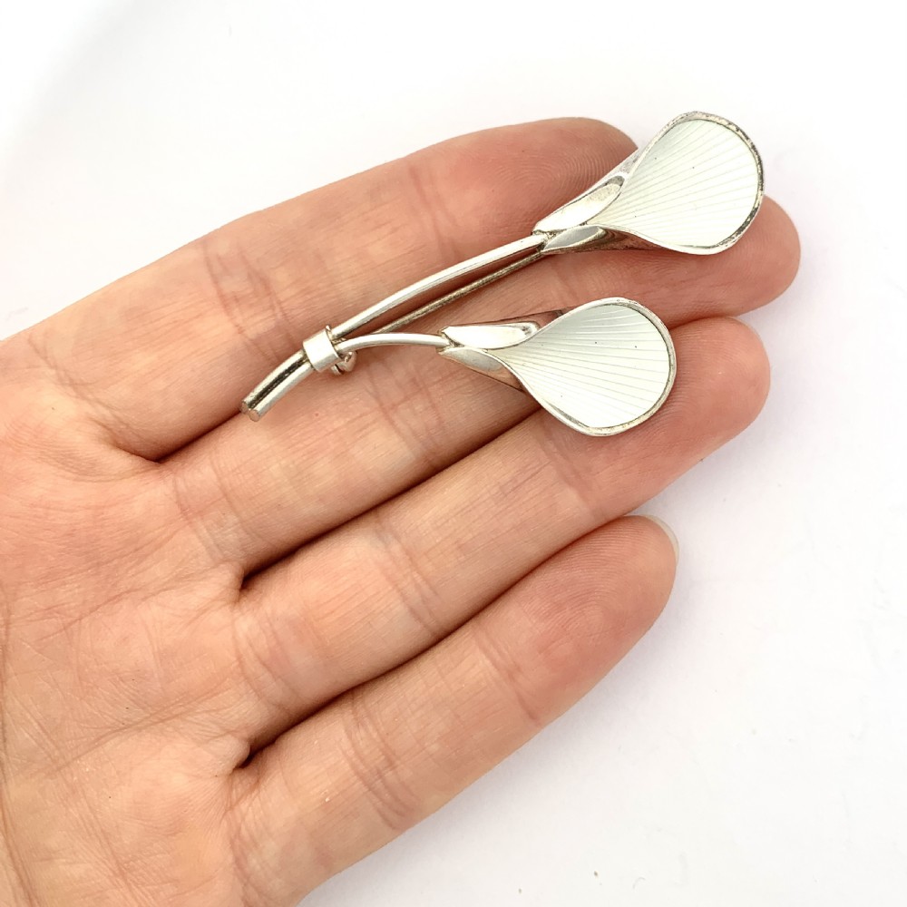J Tostrup Norway White Enamel Sterling Silver Modernist Lily Flower Brooch View III