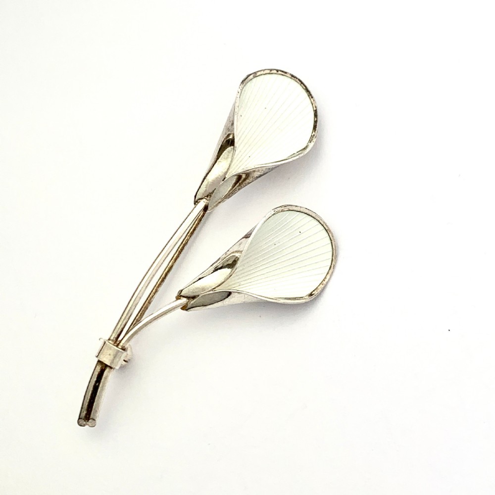 J Tostrup Norway White Enamel Sterling Silver Modernist Lily Flower Brooch View IV