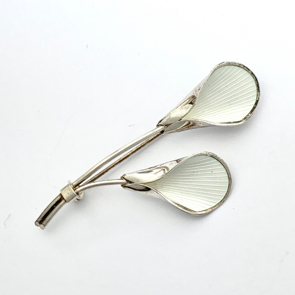 J Tostrup Norway White Enamel Sterling Silver Modernist Lily Flower Brooch View VII