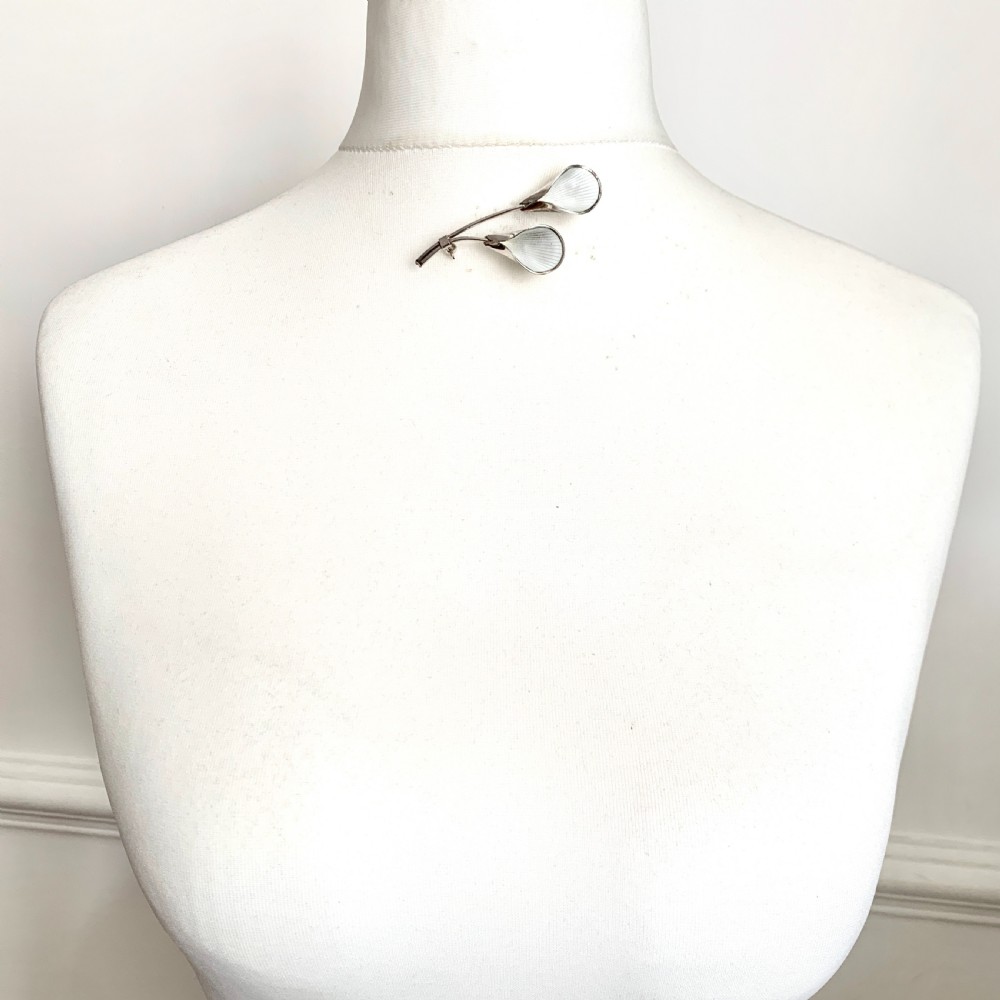 J Tostrup Norway White Enamel Sterling Silver Modernist Lily Flower Brooch View VIII