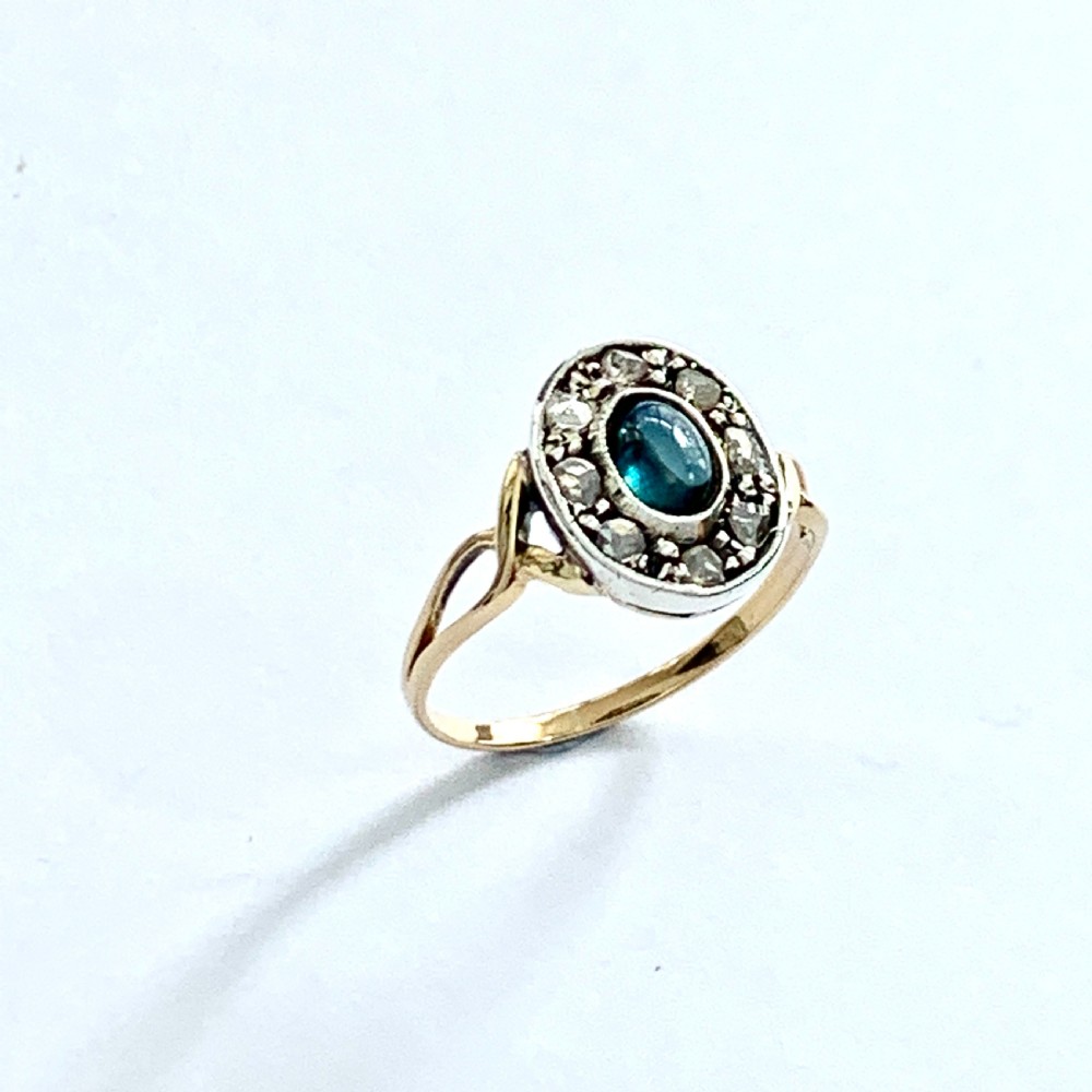 Antique Rose Cut Diamond Sapphire Halo Ring View V