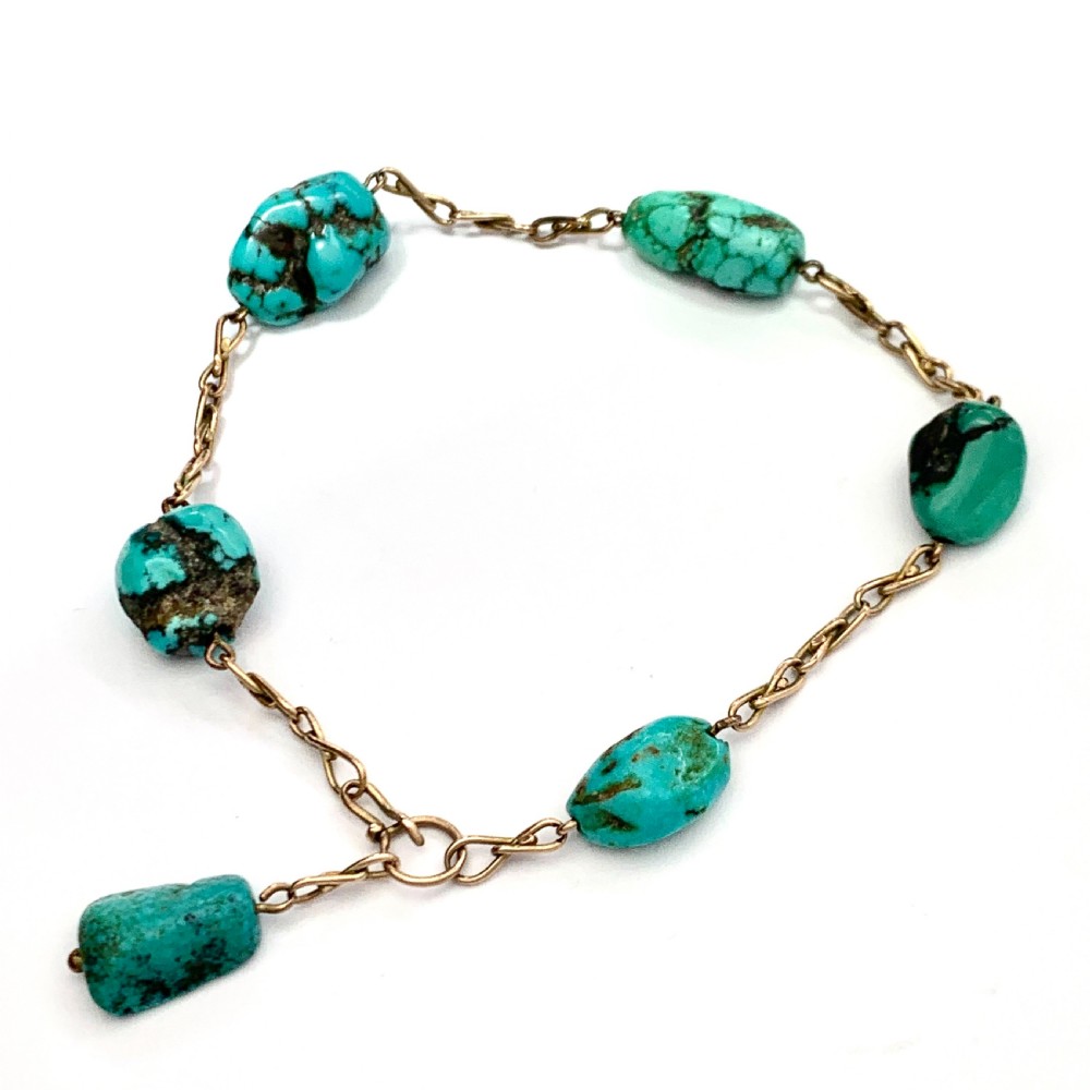 Liberty & Co Arts and Crafts Raw Turquoise Matrix Gold Chain Bracelet