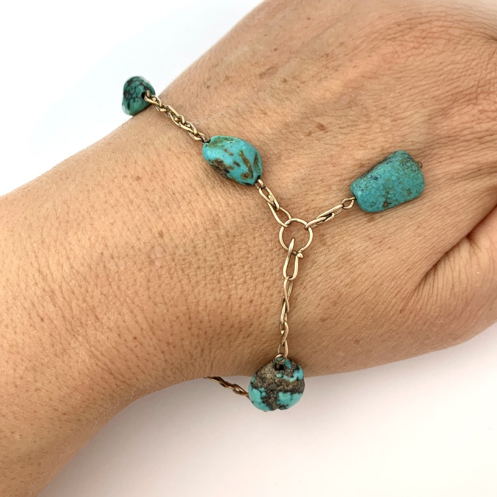 Liberty & Co Arts and Crafts Raw Turquoise Matrix Gold Chain Bracelet View VII
