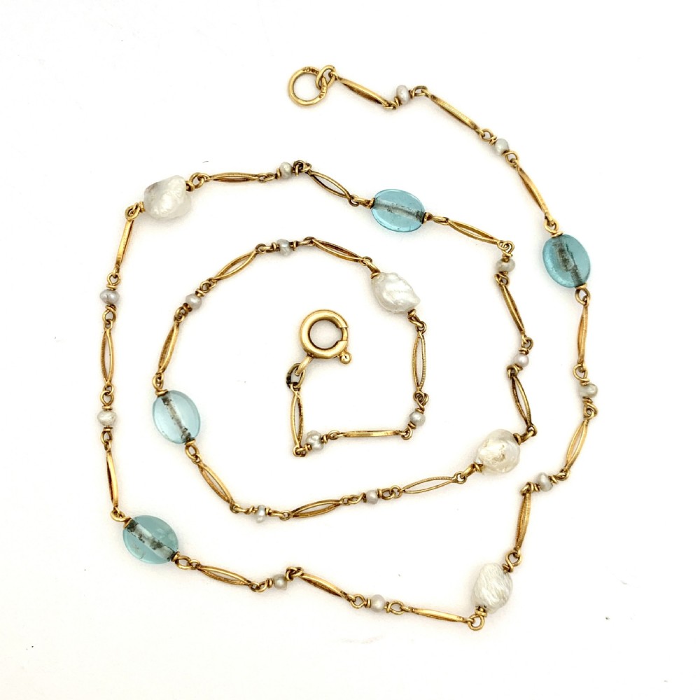 Murrle Bennett Arts and Crafts 9CT Gold Aquamarine and Pearl Necklace