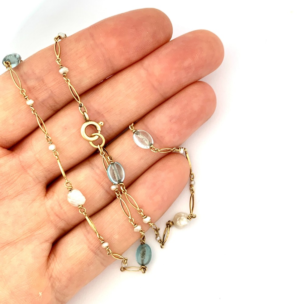 Murrle Bennett Arts and Crafts 9CT Gold Aquamarine and Pearl Necklace View VI