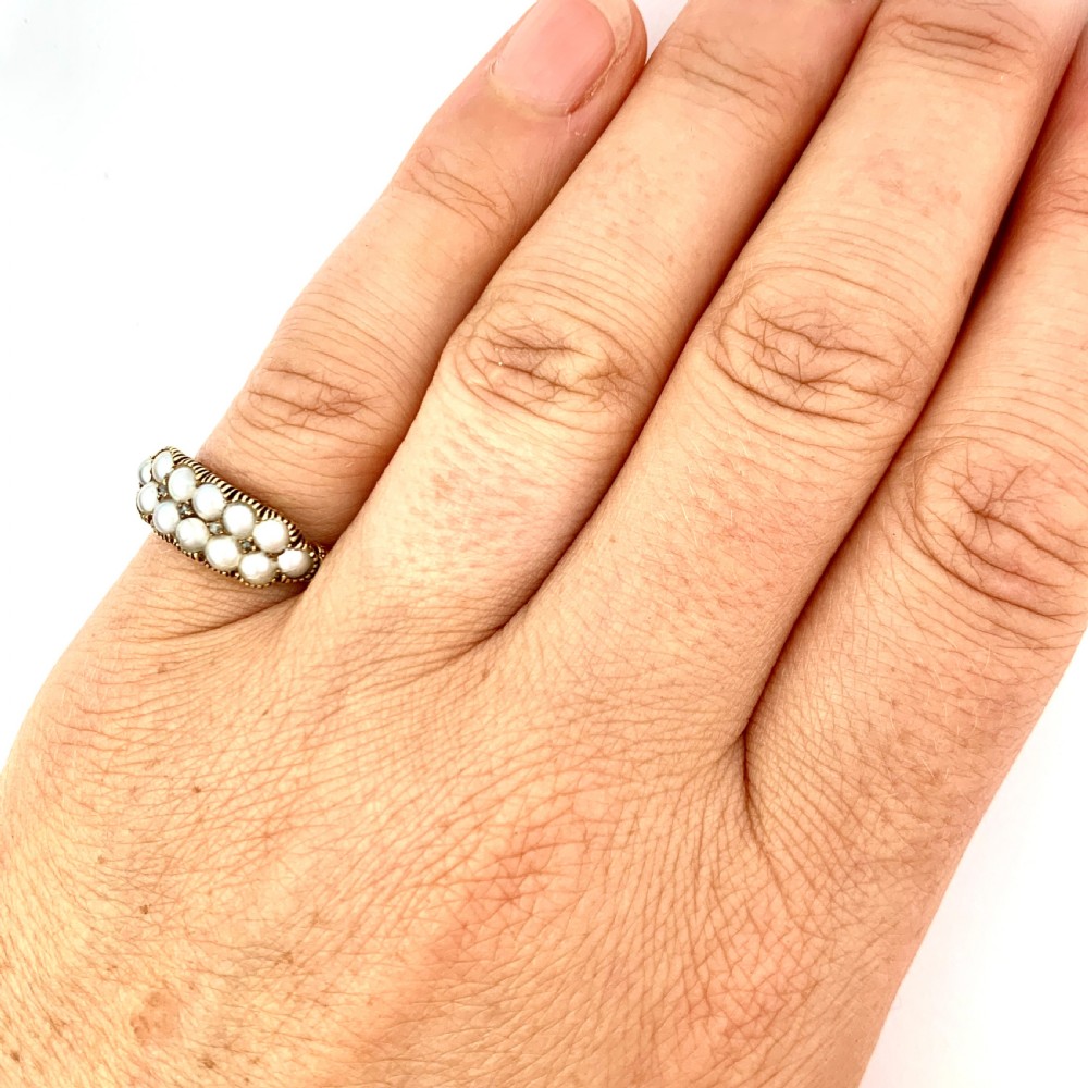 Victorian 18CT Gold Double Row Pearl and Diamond Ring View VIII