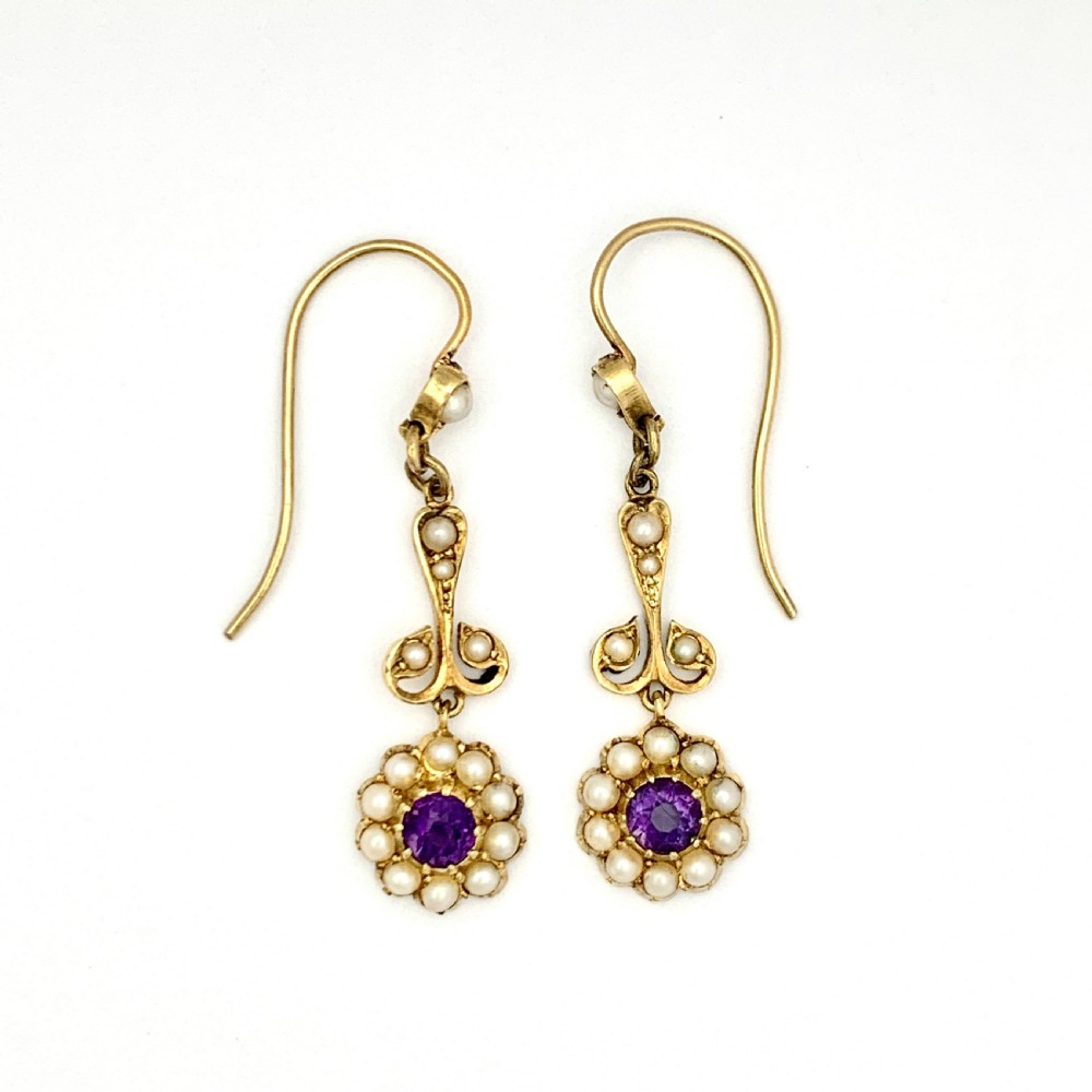 Edwardian 15CT Gold Amethyst Pearl Flower Earrings View II
