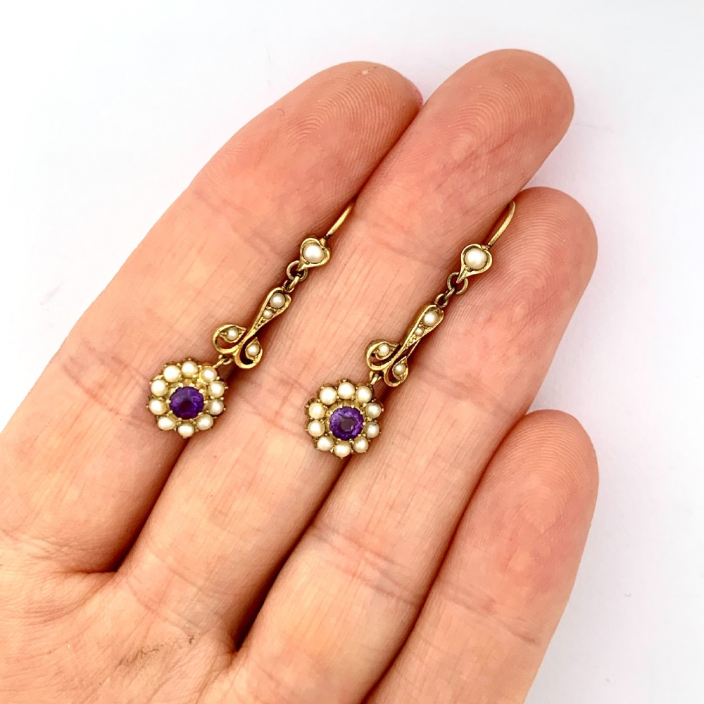 Edwardian 15CT Gold Amethyst Pearl Flower Earrings View III