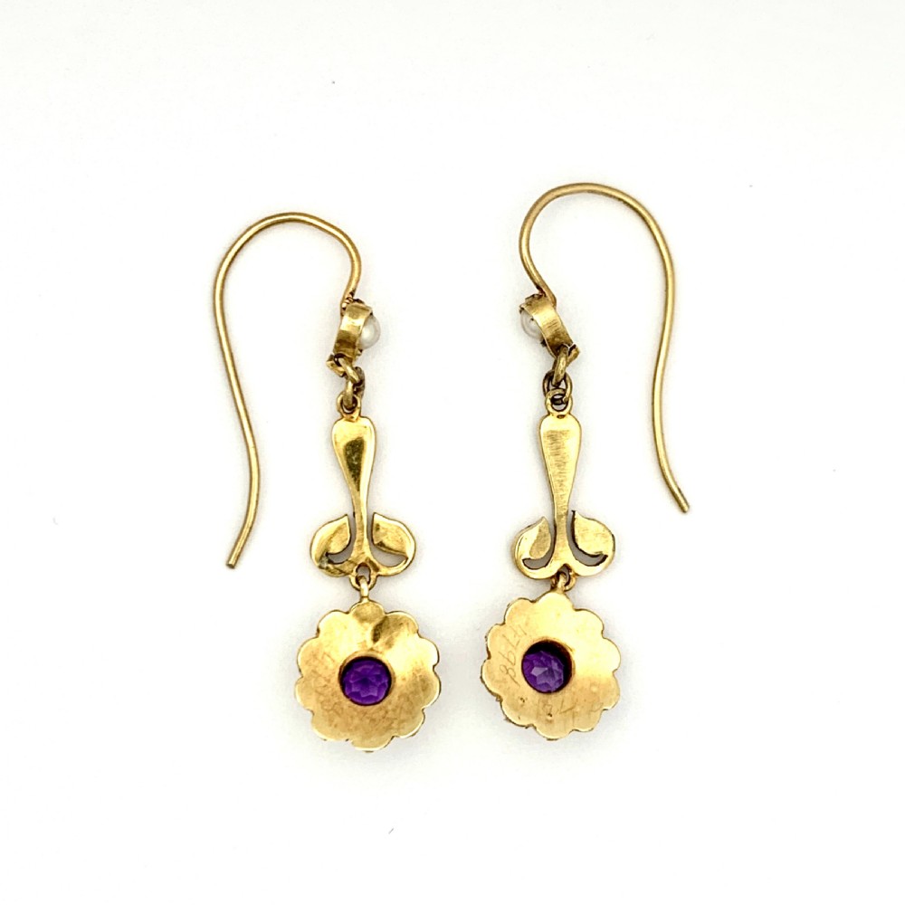 Edwardian 15CT Gold Amethyst Pearl Flower Earrings View V