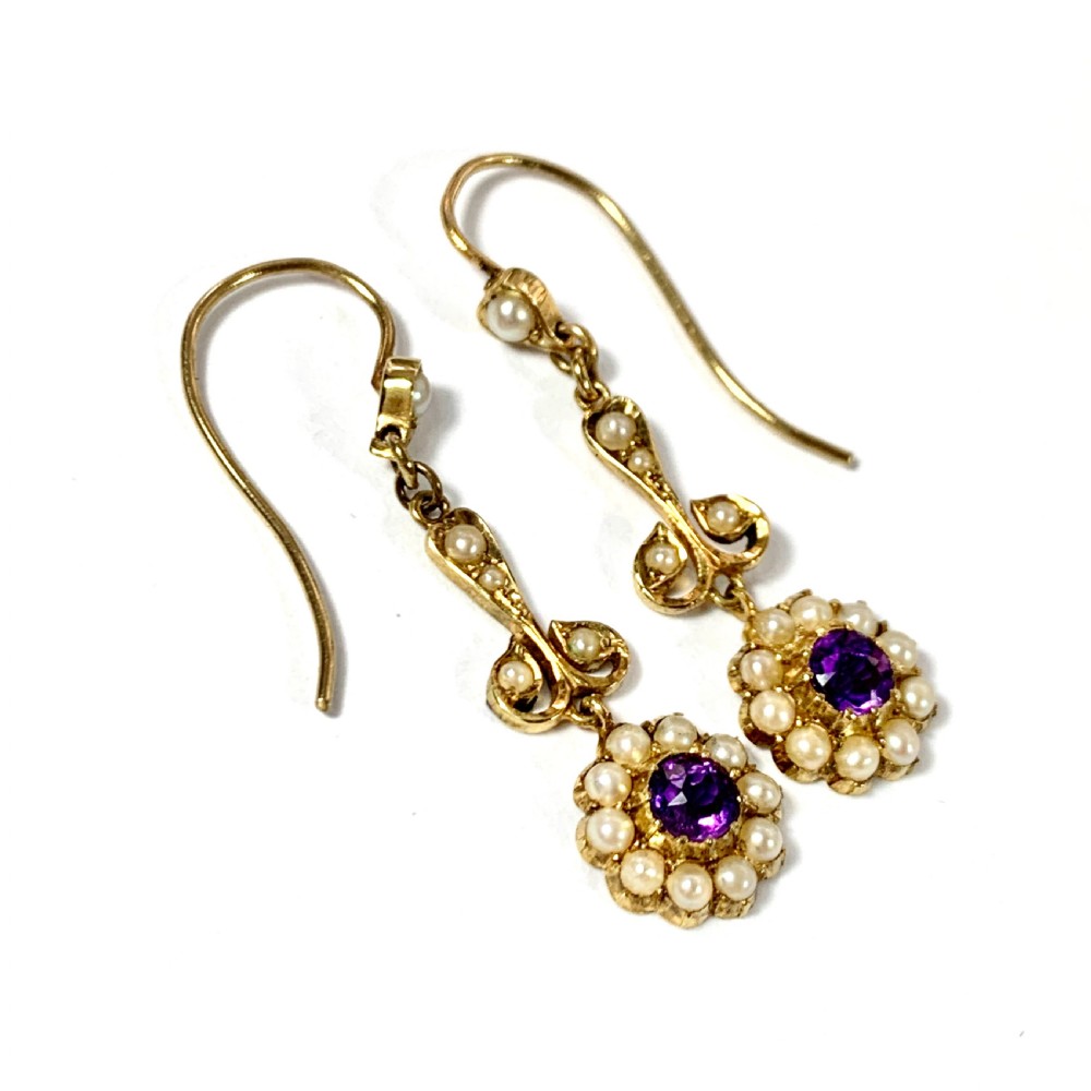Edwardian 15CT Gold Amethyst Pearl Flower Earrings View VI