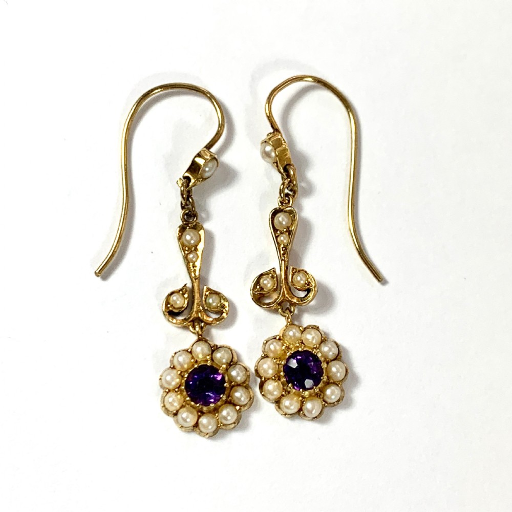 Edwardian 15CT Gold Amethyst Pearl Flower Earrings View VII