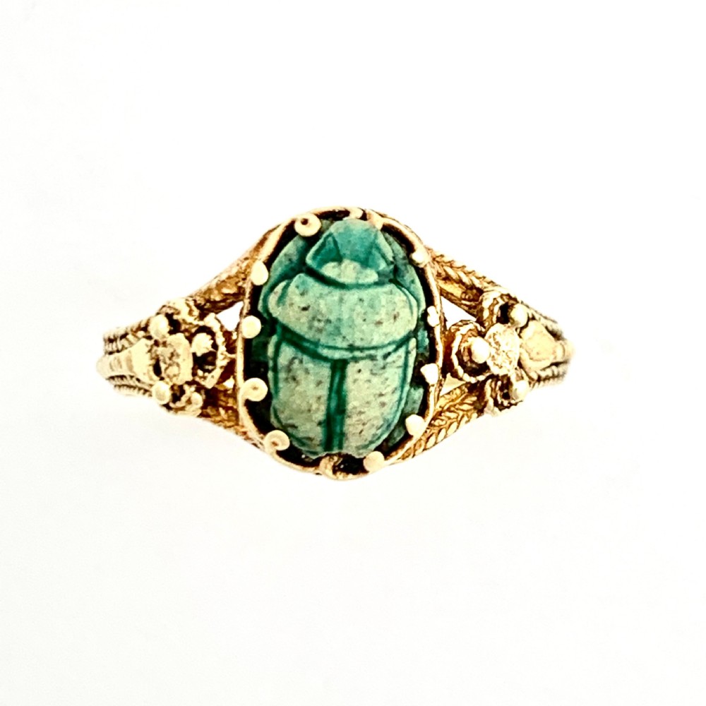 18CT Gold Turquoise Faience Ancient Egyptian Scarab Ring