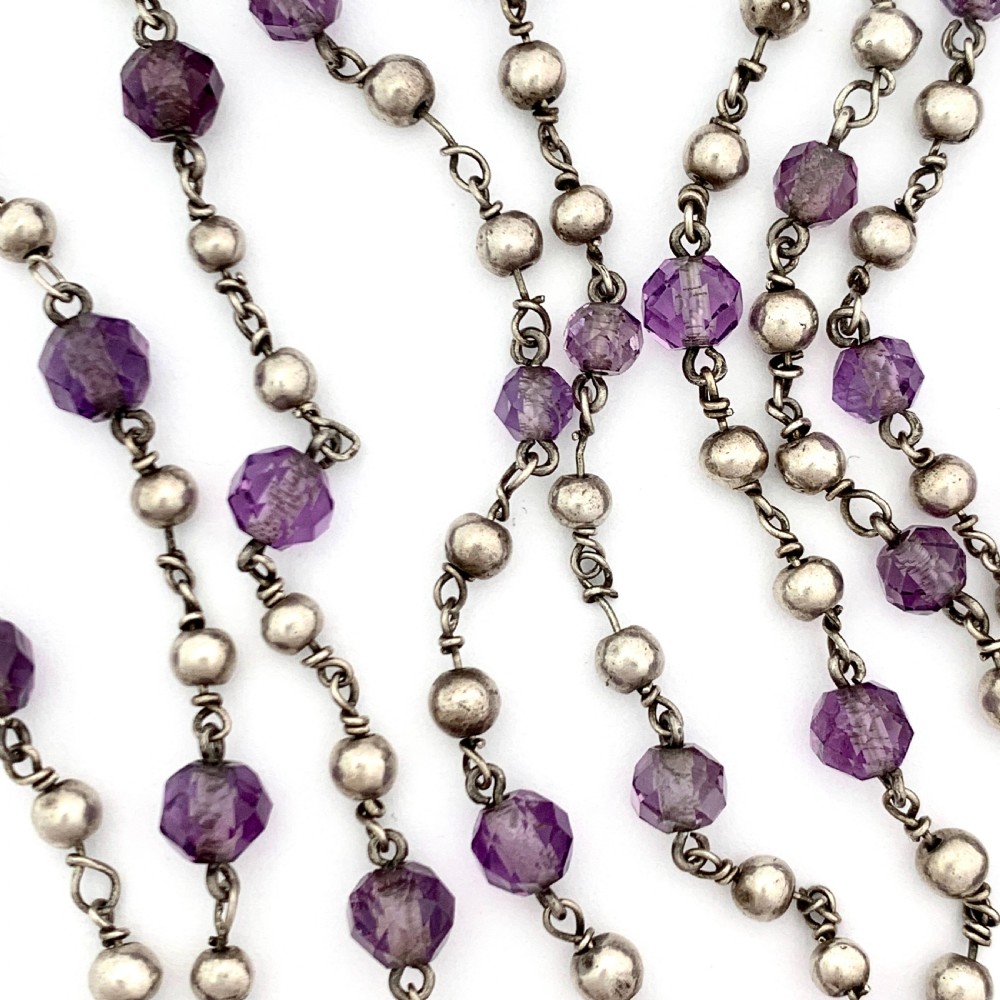 Very Long Antique Arts and Crafts Amethyst Silver Bead Necklace View III