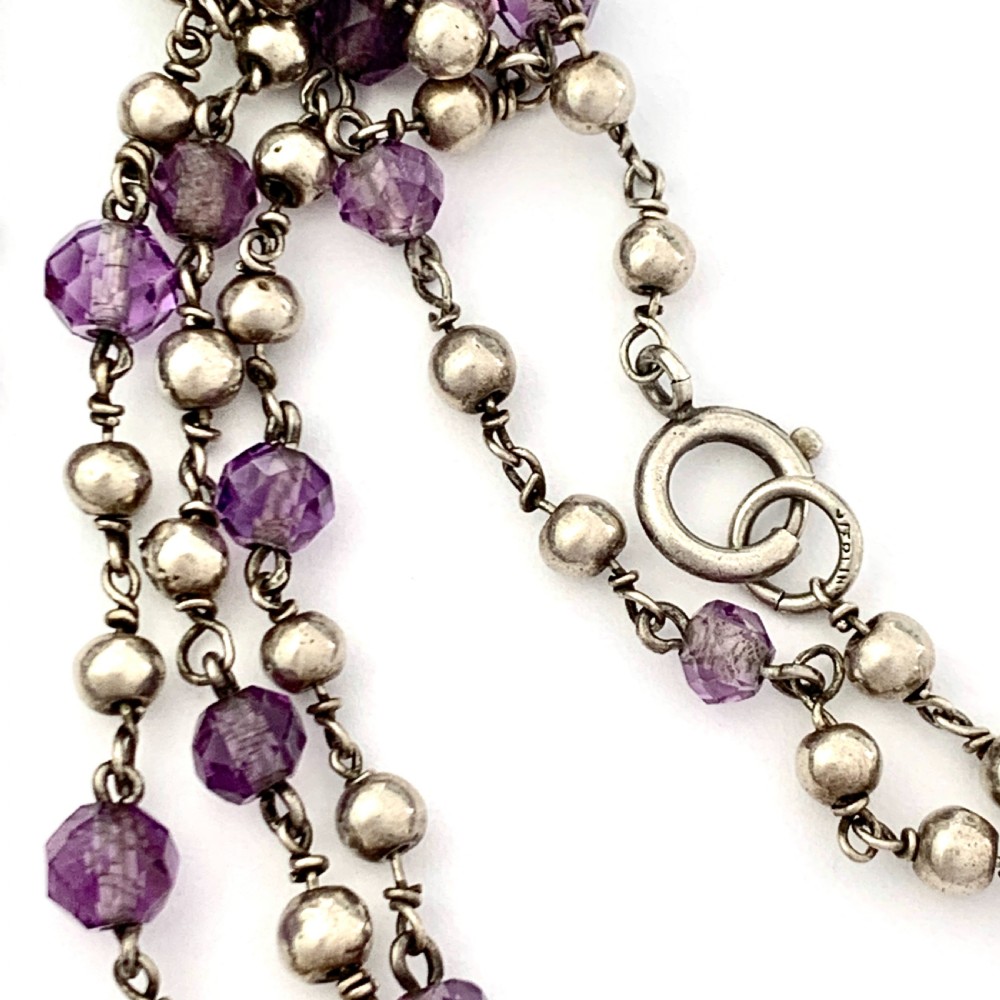 Very Long Antique Arts and Crafts Amethyst Silver Bead Necklace View IV