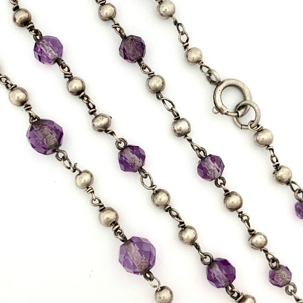Very Long Antique Arts and Crafts Amethyst Silver Bead Necklace View V