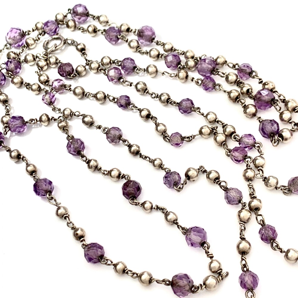 Very Long Antique Arts and Crafts Amethyst Silver Bead Necklace View VI