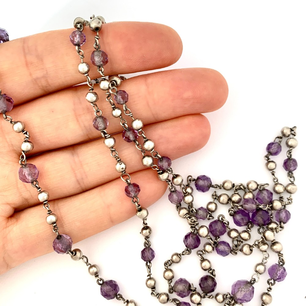 Very Long Antique Arts and Crafts Amethyst Silver Bead Necklace View VII