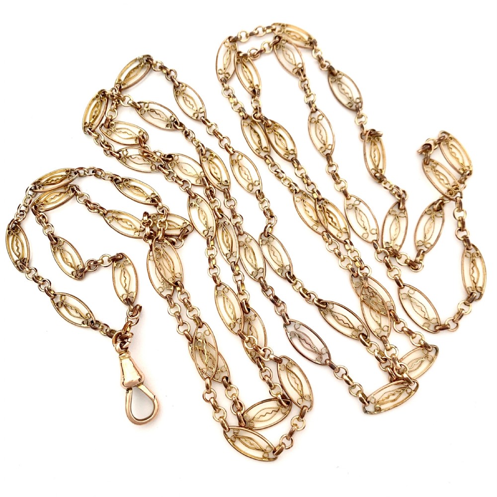 Victorian Very Long Filigree Longuard Chain with 9CT Rose Gold Clip