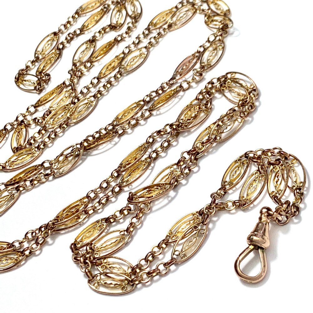 Victorian Very Long Filigree Longuard Chain with 9CT Rose Gold Clip View V