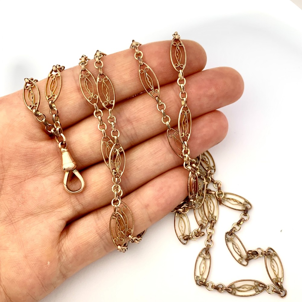 Victorian Very Long Filigree Longuard Chain with 9CT Rose Gold Clip View VII