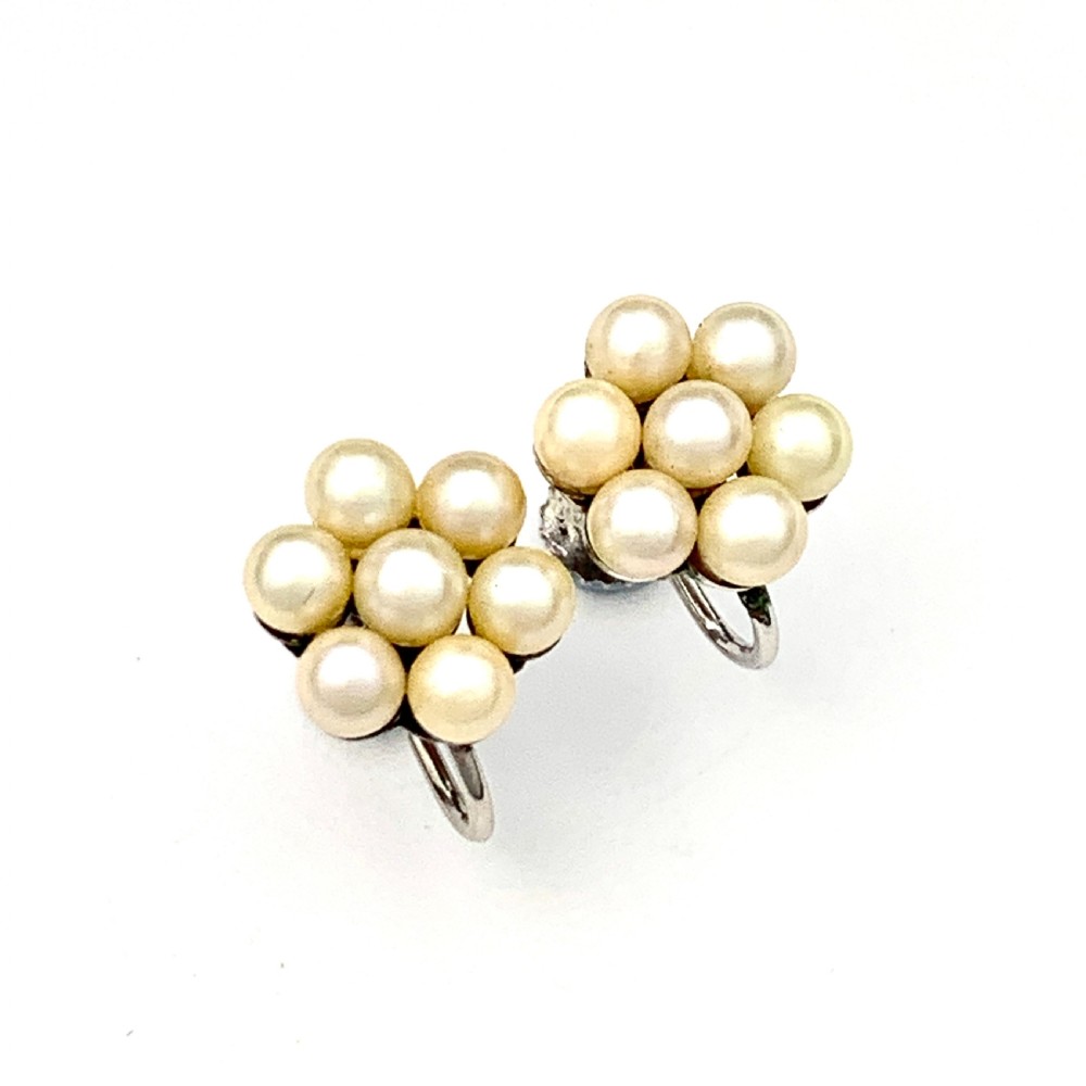 Vintage 9CT White Gold Pearl Cluster Screwback Earrings
