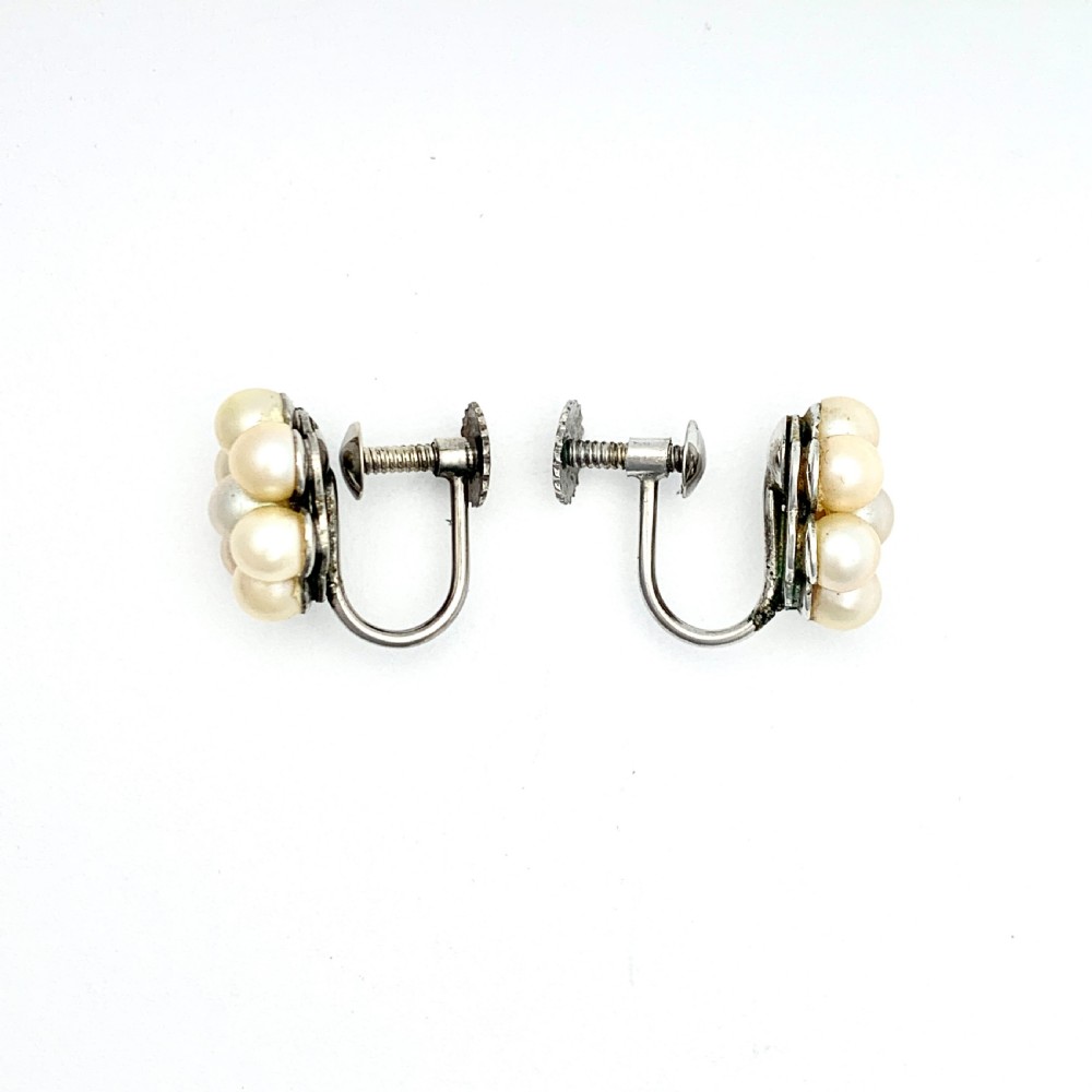 Vintage 9CT White Gold Pearl Cluster Screwback Earrings View V