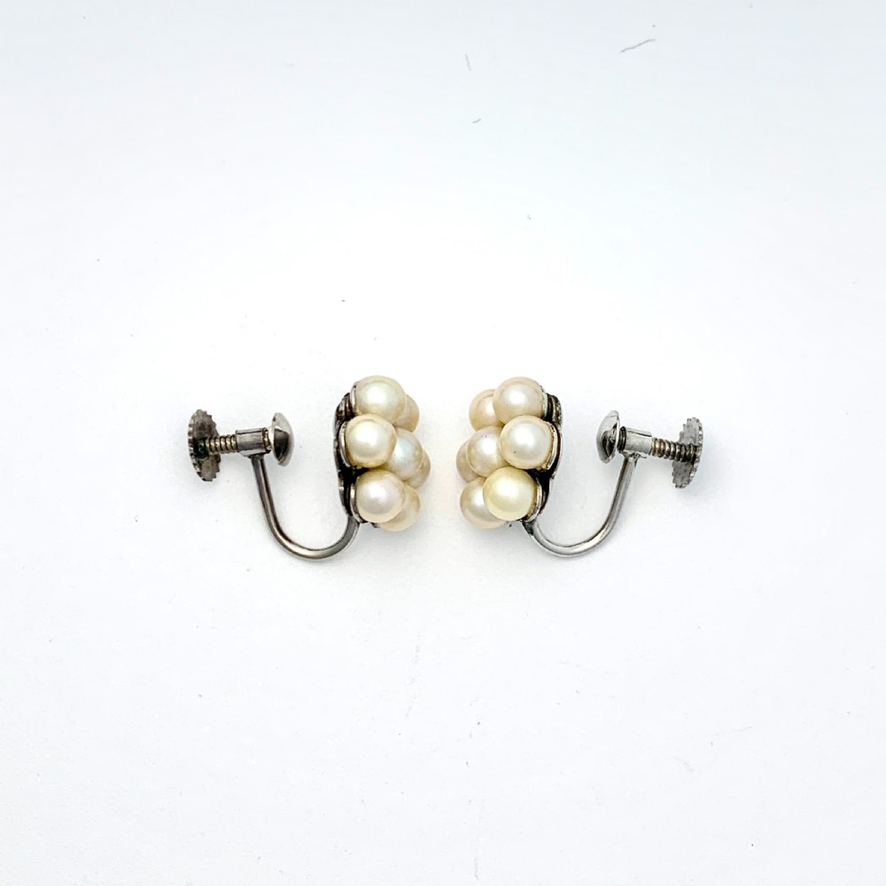 Vintage 9CT White Gold Pearl Cluster Screwback Earrings View VII