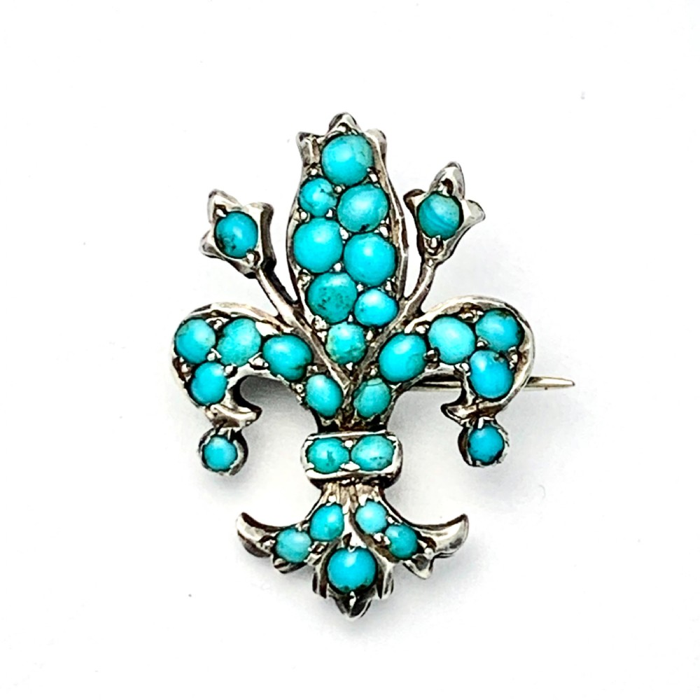 Small Victorian Silver Turquoise Fleur de Lis Brooch