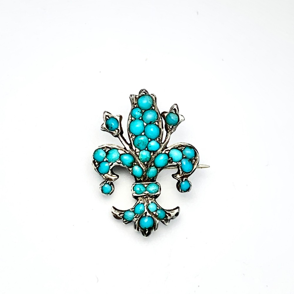 Small Victorian Silver Turquoise Fleur de Lis Brooch View V
