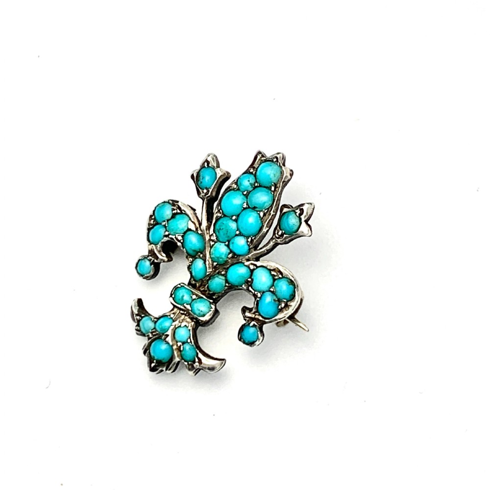 Small Victorian Silver Turquoise Fleur de Lis Brooch View VI