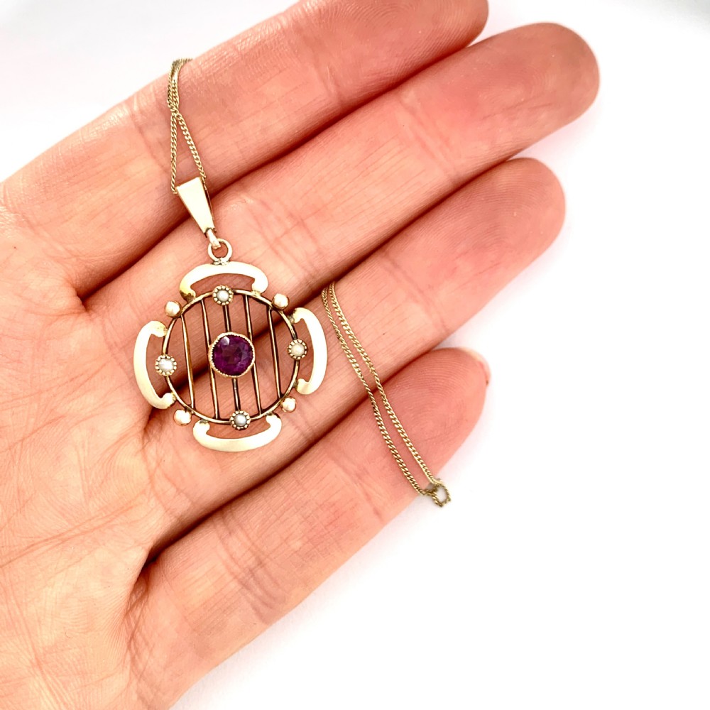 Edwardian 9CT Gold Amethyst and Pearl Lavalier Pendant Necklace View V