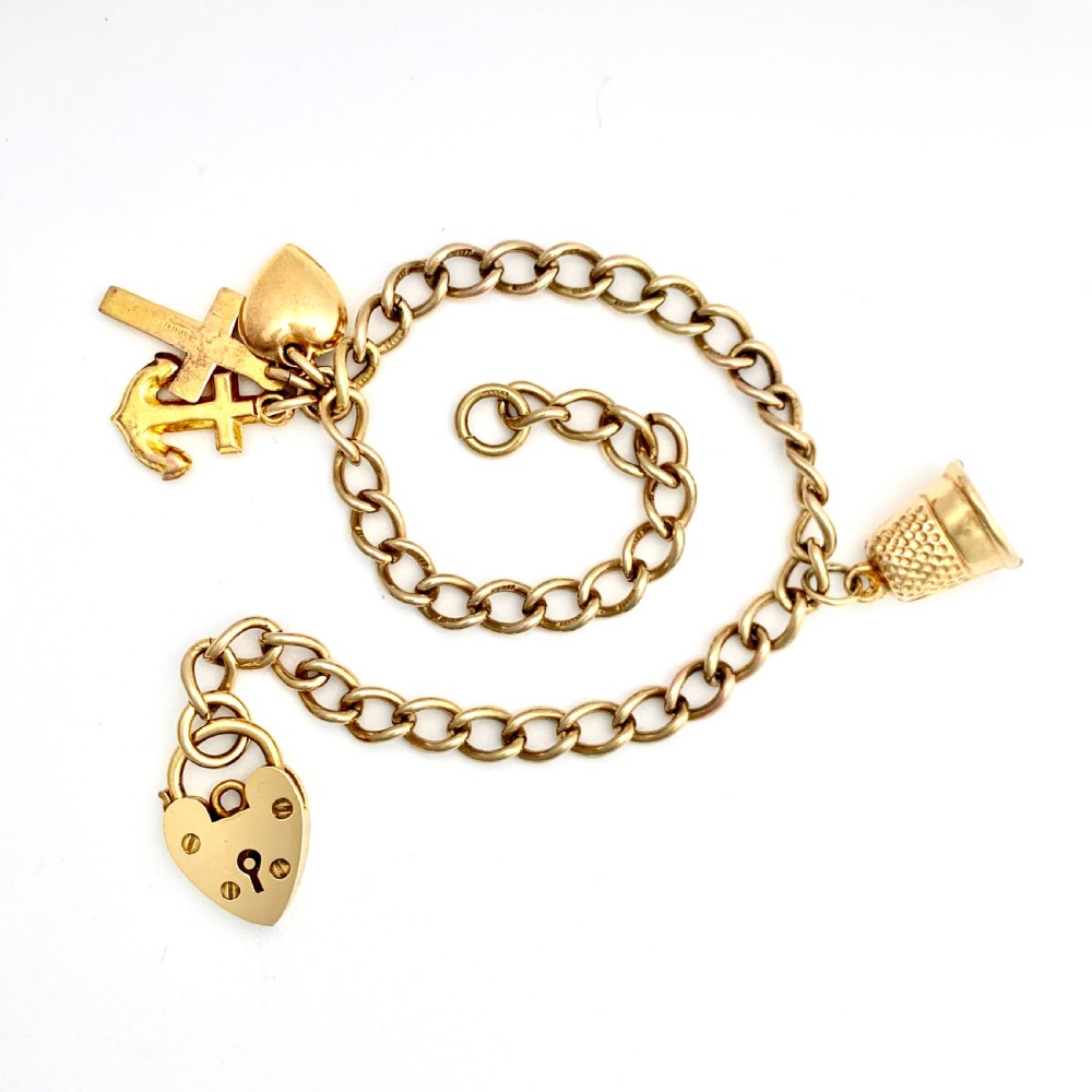 9CT Gold Padlock Bracelet with Vintage Thimble, Faith Hope & Charity Charms