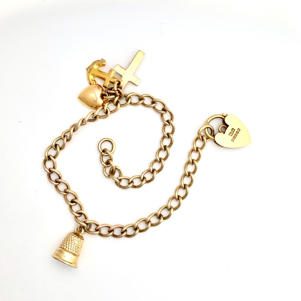 9CT Gold Padlock Bracelet with Vintage Thimble, Faith Hope & Charity Charms View III