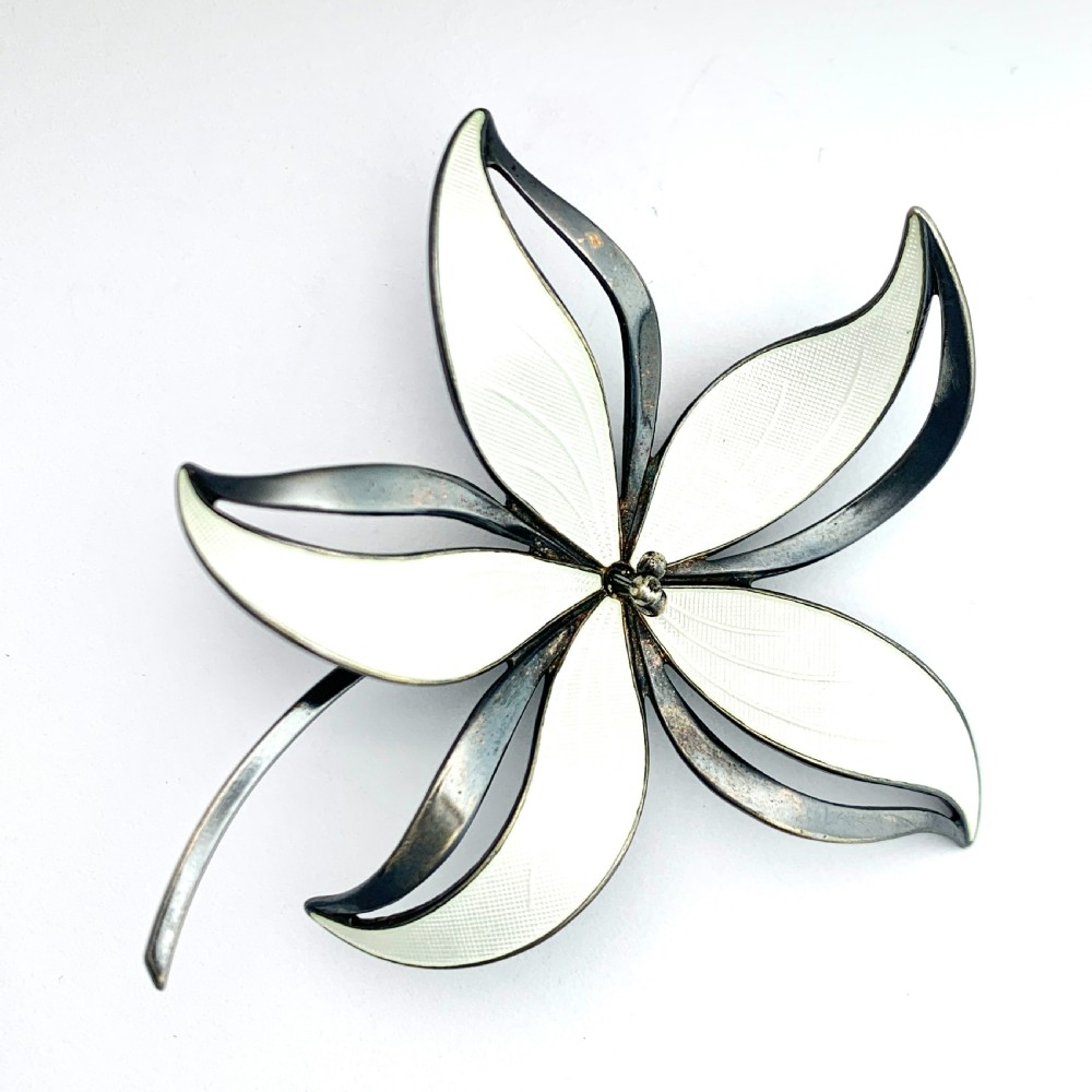 RESERVED for J • Large Vintage Hroar Prydz Silver and White Enamel Flower Brooch