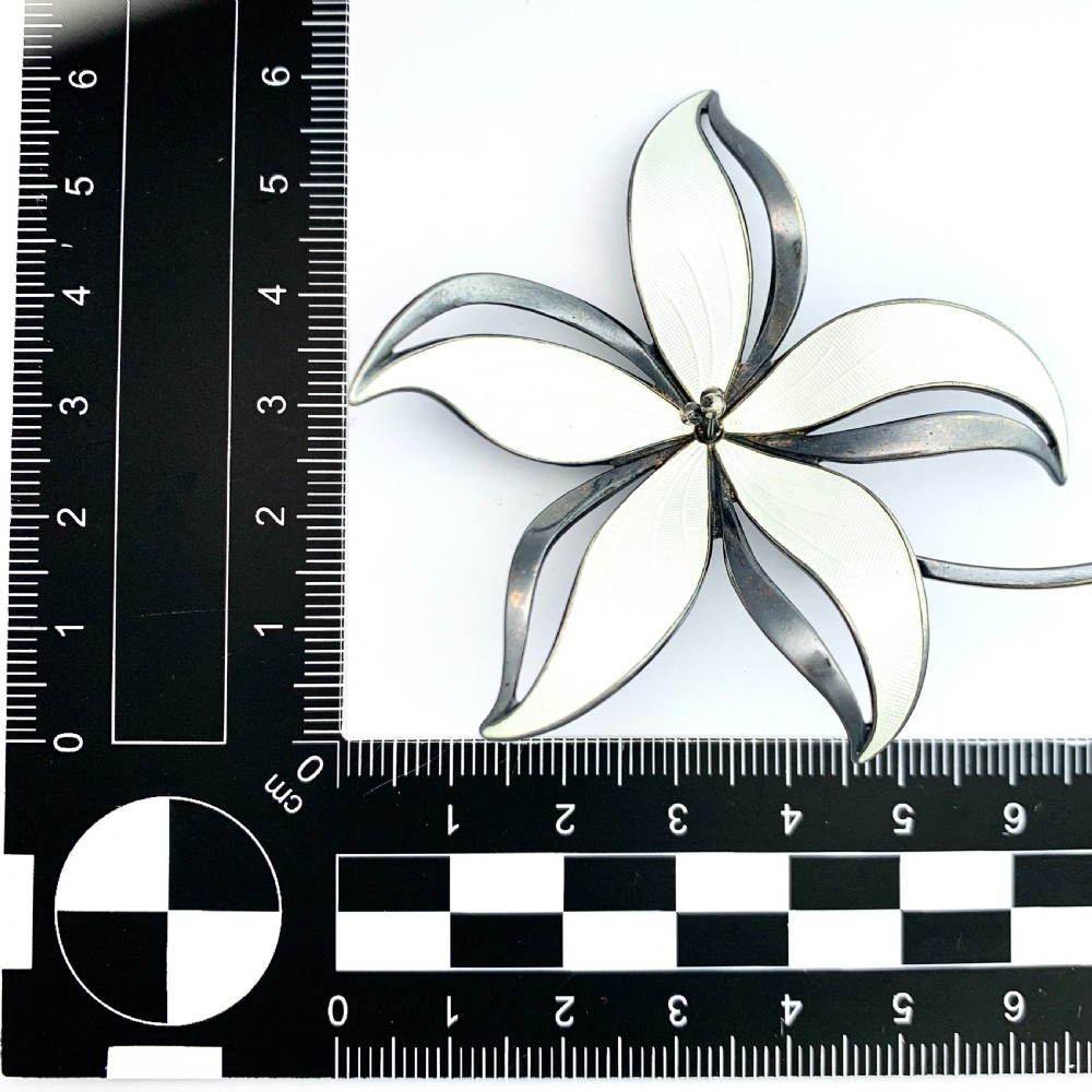 RESERVED for J • Large Vintage Hroar Prydz Silver and White Enamel Flower Brooch View II