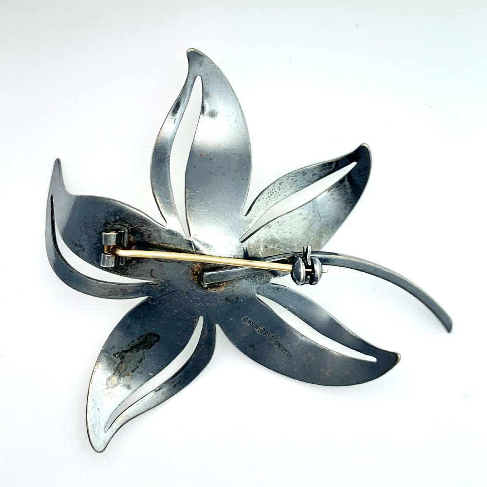 RESERVED for J • Large Vintage Hroar Prydz Silver and White Enamel Flower Brooch View VI