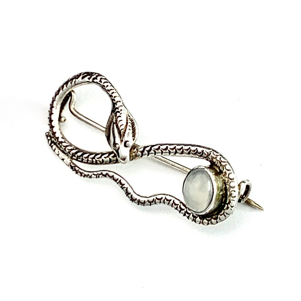 Edwardian Moonstone Serpent Brooch in Sterling Silver View III