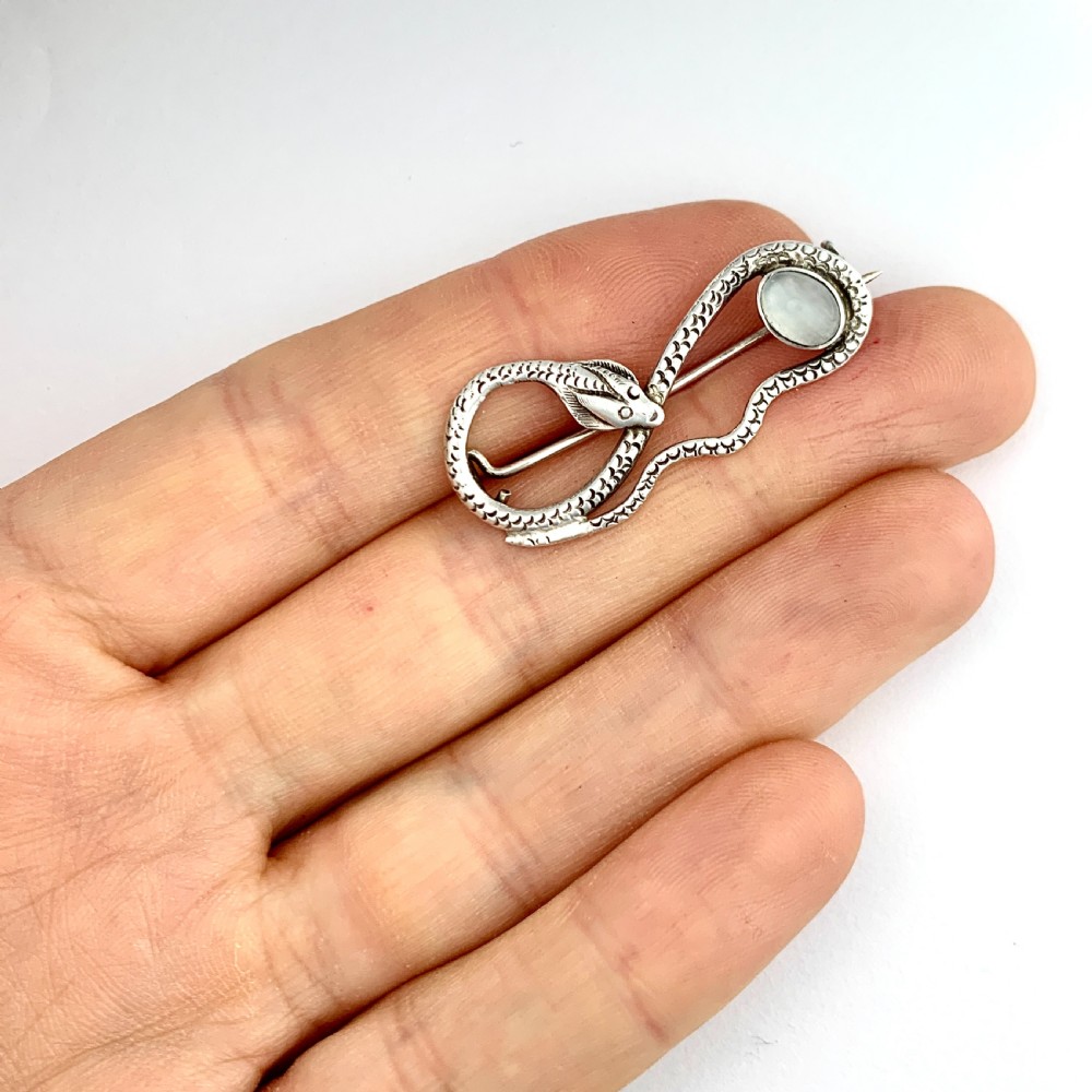 Edwardian Moonstone Serpent Brooch in Sterling Silver View IV
