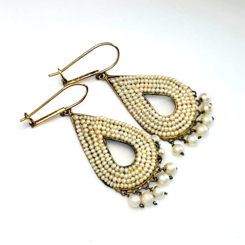 Rare Art Deco Indian Seed Pearl Teardrop Earrings View VI