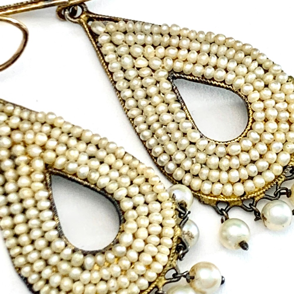 Rare Art Deco Indian Seed Pearl Teardrop Earrings View VII