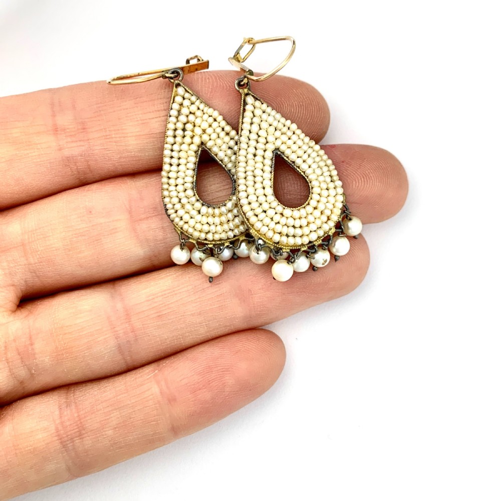Rare Art Deco Indian Seed Pearl Teardrop Earrings View VIII