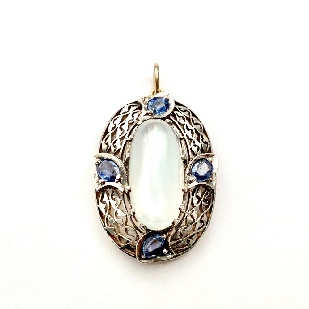 Large Edwardian Silver Moonstone and Sapphire Pendant