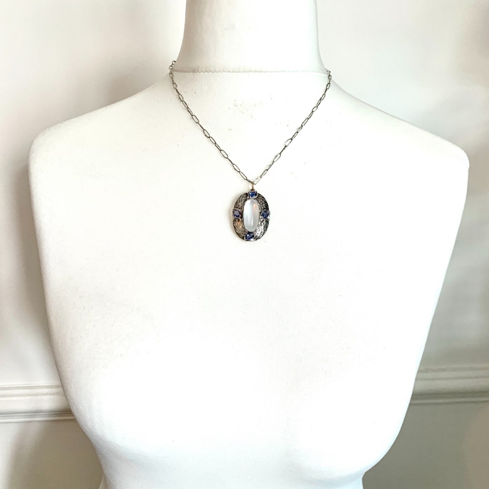 Large Edwardian Silver Moonstone and Sapphire Pendant View II