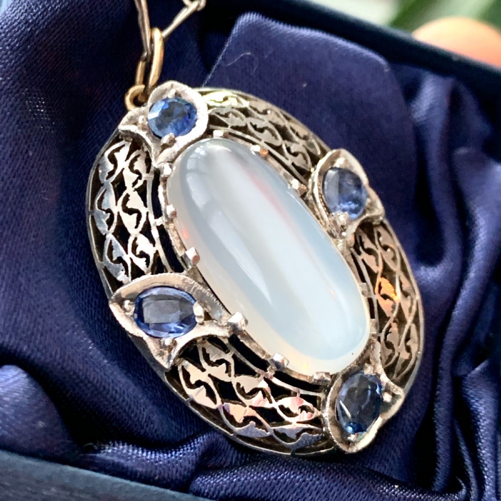 Large Edwardian Silver Moonstone and Sapphire Pendant View III