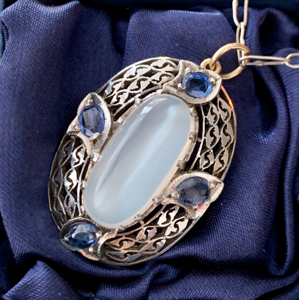 Large Edwardian Silver Moonstone and Sapphire Pendant View IV
